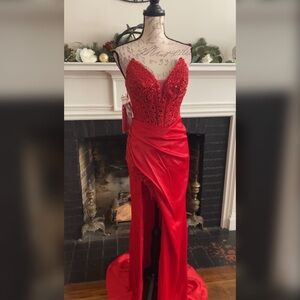 Beaded sexy red satin corset prom dress formal dress or evening gown